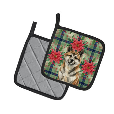 Brindle Akita Christmas Poinsettas Pair of Pot Holders