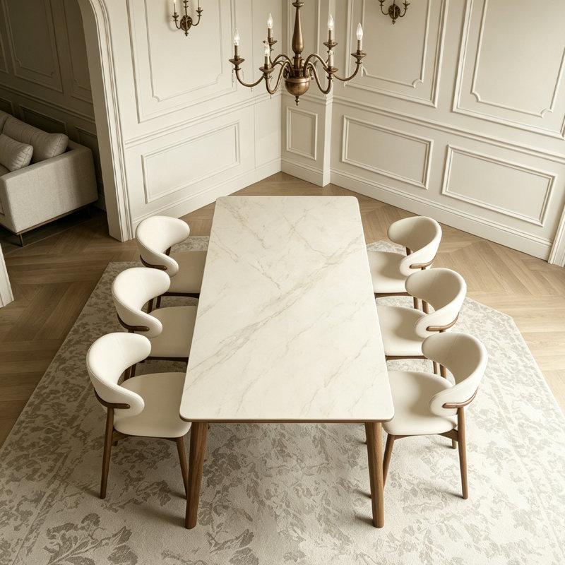 6 - Person White Rectangular Sintered Stone Stone Tabletop Dining Table Set
