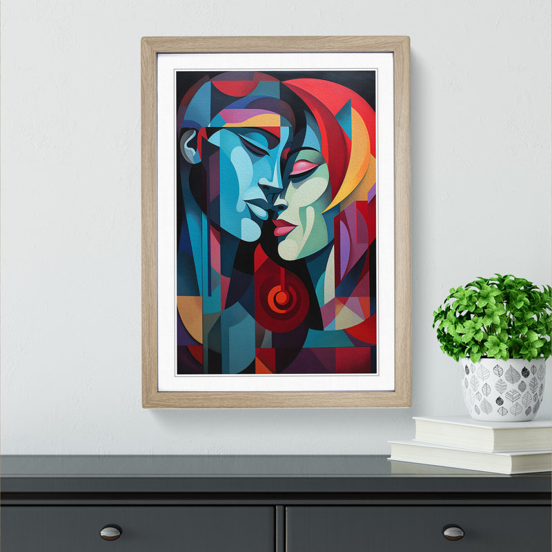 XYZ-FRM-V1223-4388 Lovers Geometric No.4 - Single Picture Frame Print on Wood, 34cm H x 25cm W x 2cm D, Oak 