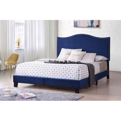 Olney Blue Velvet Nailhead Trim Upholstered Bed – Elegant Tufted Headboard with Sturdy Frame for a Luxe Bedroom Upgrade - King