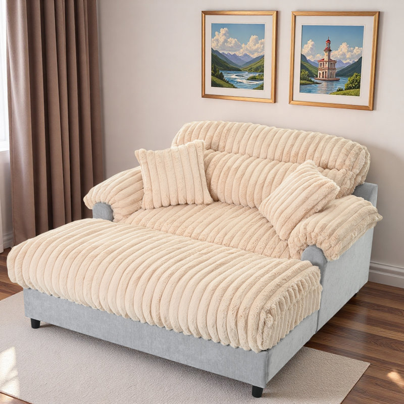 Modern Chaise Lounge Sofa With Two Throw Pillows And Curved Armrest, Champagne