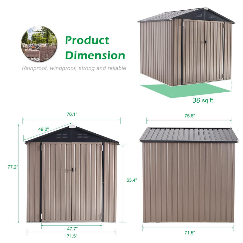 Remise de rangement en métal, H 77,2 po x l 76,1 po x P 75,6 po, Brun