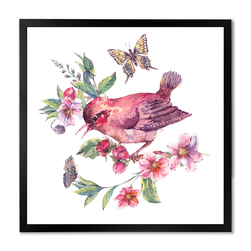 Oiseau sur une branche en fleurs I - peinture sur toile, Cadre noir, H 30 po x l 30 po