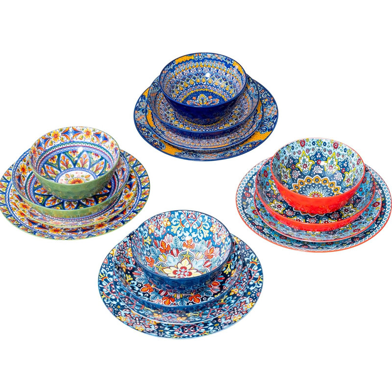 Service de vaisselle 16 pièces, assiettes et bols Boho Style, Bleu/vert/rouge