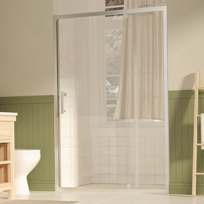 Porte de douche pivotante l 47 à 49 po x H 72 po, porte de douche en verre trempé clair de 1/4 po (6 mm) avec film anti-explosion, revêtement réversible Nano facile à installer, nickel brossé