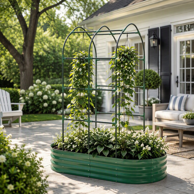 Galvanized Metal Raised Garden Bed with Arched Trellis and Open Bottom for Outdoor Climbing Plants Cultivation