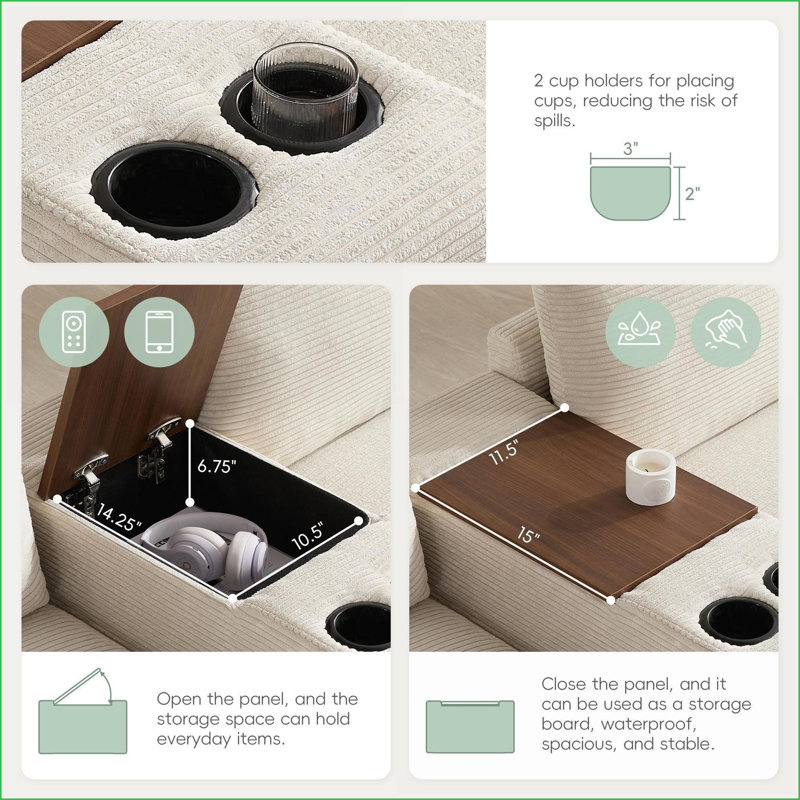 Canapé modulaire surdimensionné en forme de U de 140 po à 6 sièges modulaires avec repose-pieds avec rangement, USB, porte-gobelets | Velours côtelé | Beige