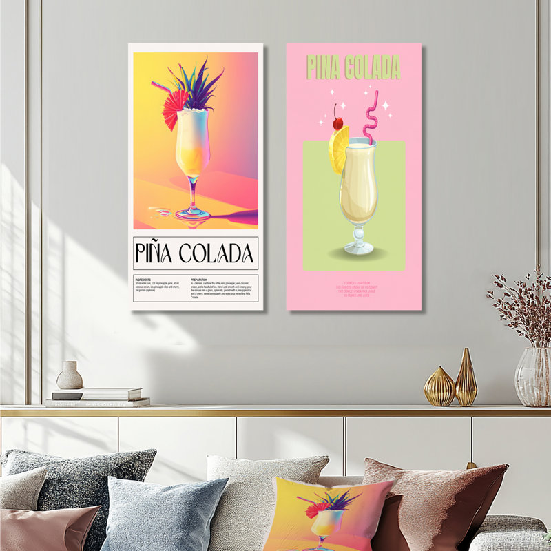 Porto Rico Pina Colada Cocktail I - ensemble d'art mural 2 pièces, H 32 po x l 32 po, Toile tendue sur cadre