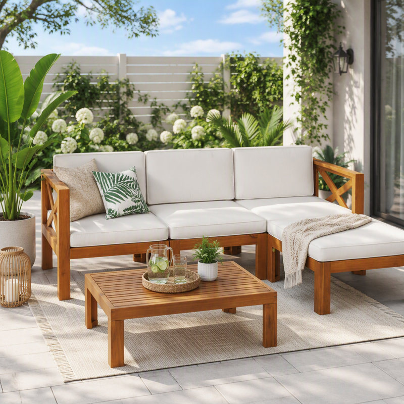 Ensemble de conversation modulaire 5 pièces avec coussins d'extérieur, Finition naturelle + coussins beiges
