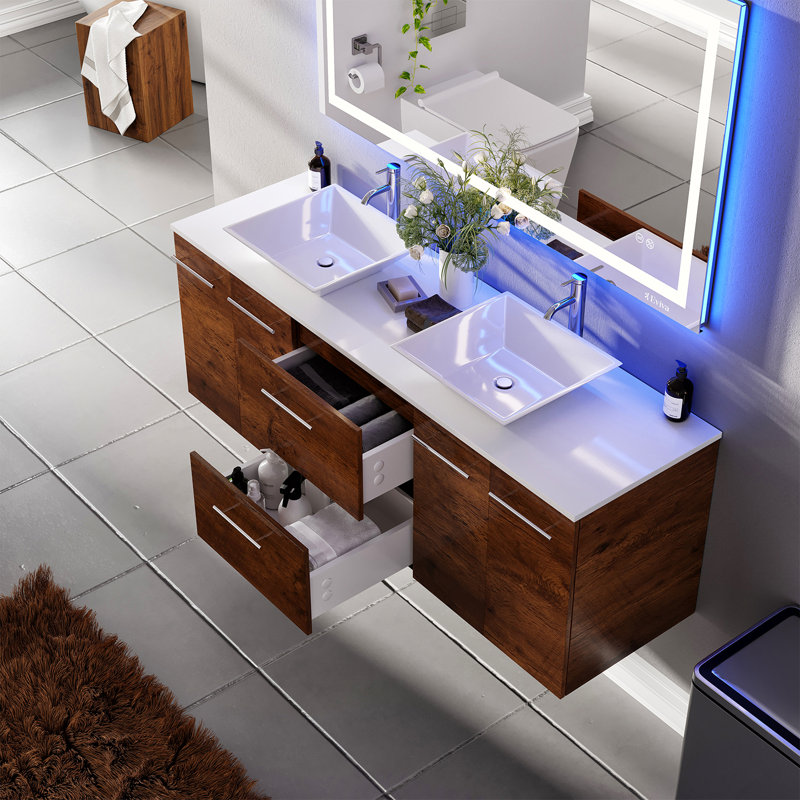 Balint 60'' Wall-Mounted Double Bathroom Vanity Set, Rosewood