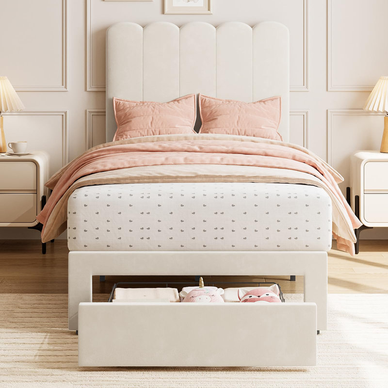 Twin Bed Frame With Under-Bed Drawer, Velvet Upholstered Platform Bed, White