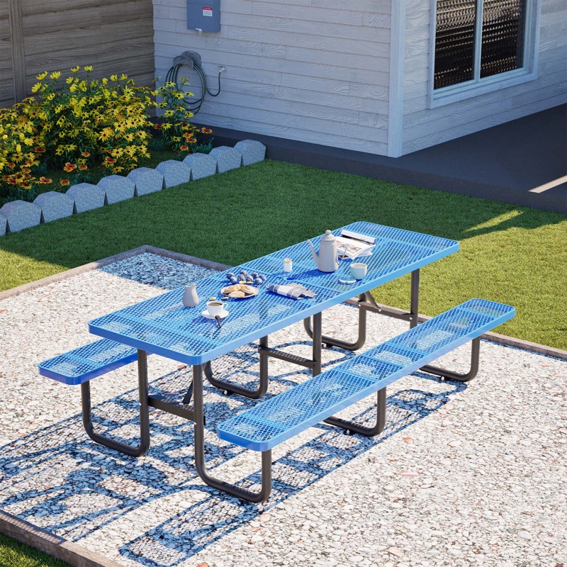 Table de pique-nique en métal robuste en acier galvanisé résistant à la rouille pour 10 personnes, table de salle à manger avec trou de parasol pour le jardin, le patio, le pique-nique, le camping