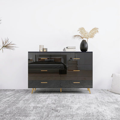 Commode 6 tiroirs très brillante avec poignée dorée et pieds en acier doré