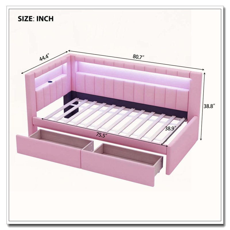 Upholstered Daybed with USB Ports and LED Belt, With 2 Drawers, Pink