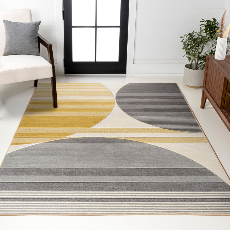 Ascher Geometric Striped Circles Gray/Yellow/Cream Rug, Rectangle 7'10" x 10'2"