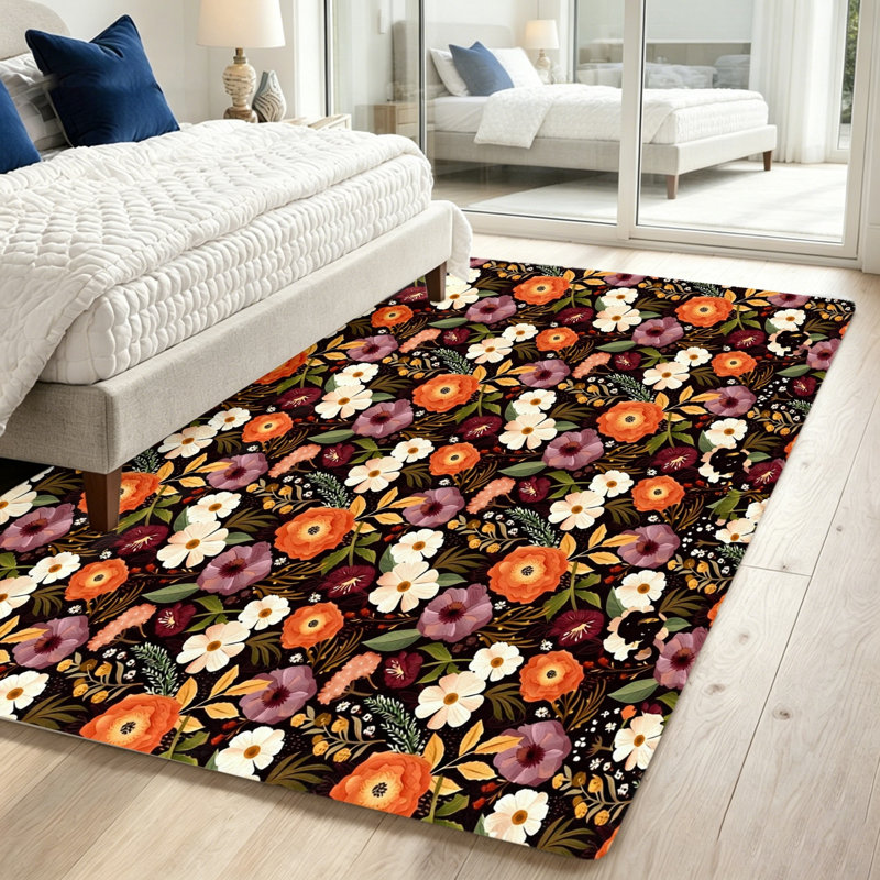 Vibrant Floral Area Rug, Artistic Botanical Pattern Floor Mat, Stain Resistant Non-Slip Indoor Carpet for Living Room, Bedroom, Home Decor