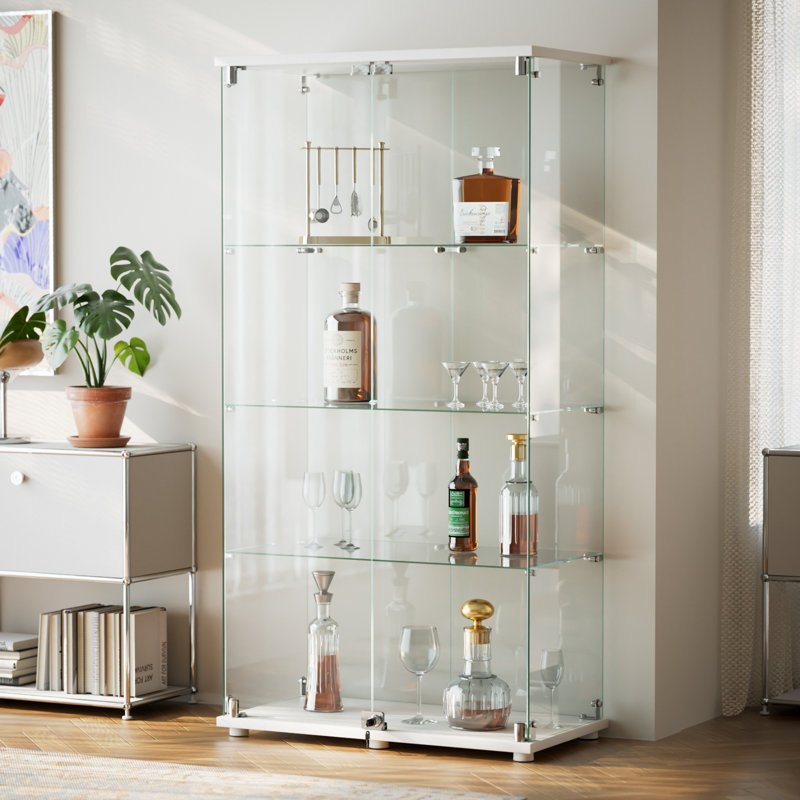Tempered Glass Display Cabinet, Clear Showcase For Collectibles, White
