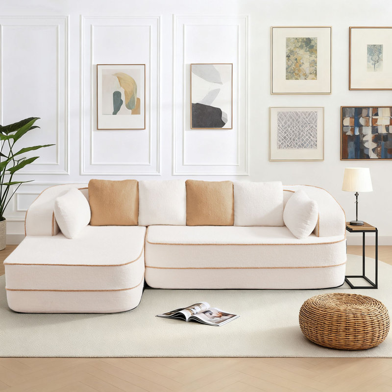 Canapé modulaire en forme de L rembourré en tissu et rembourré en forme de L Modern, Orienté à droite, Ourson blanc