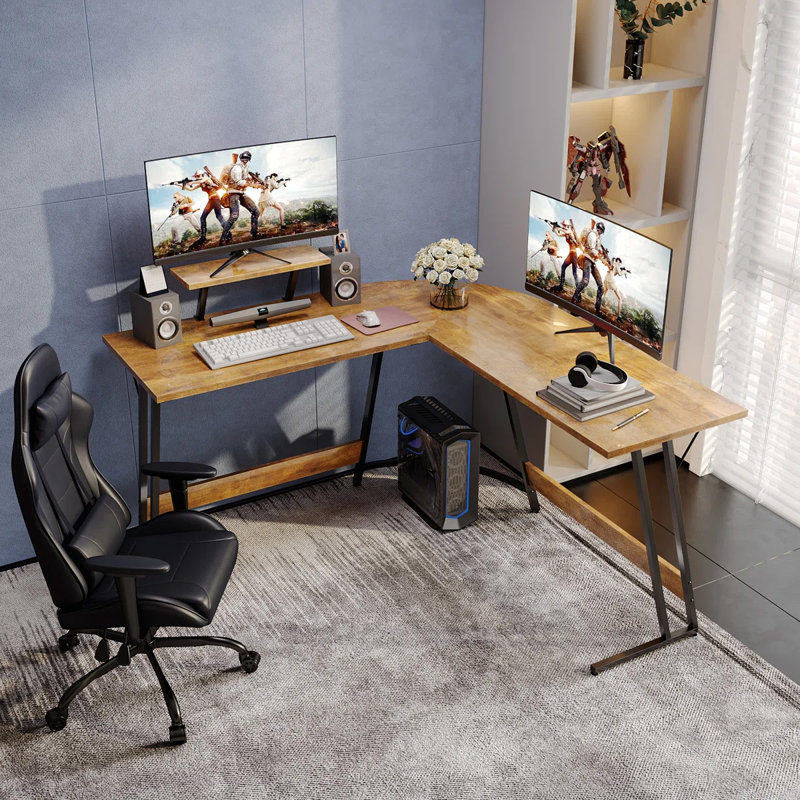 Sherri L Shaped Gaming Computer Desk with Large Monitor Stand, Classical Brown/Black, 29" H x 51" W x 20" D
