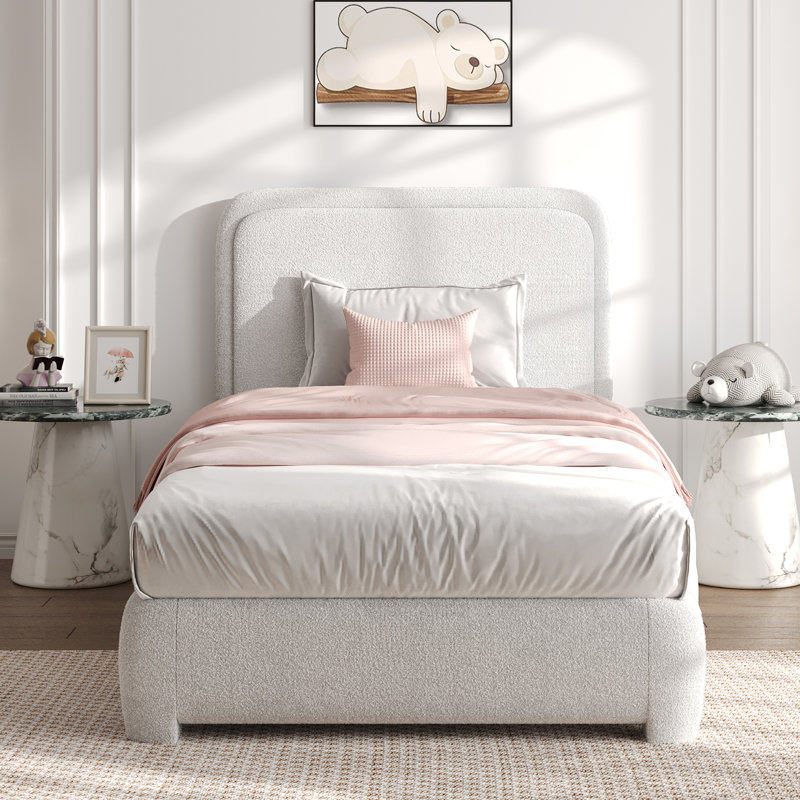 Lit plateforme tapissier Bensu Boucle, Lit simple, Blanc