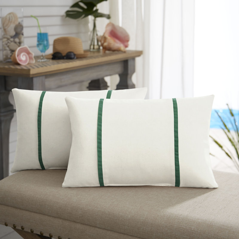 Furston Striped Outdoor Reversible Throw Pillow, White/Forest Green, 13" x 20"