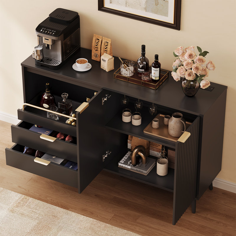 55'' Modern Bar Cabinet With Adjustable Shelves, Wine Cabinet Sideboard Buffet With Wine Glass Holder & Wine Rack, Black