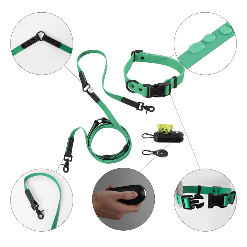 Laisse ajustable mains libres et collier 6-en-1 avec lampe DEL Luna 8 pi, Émeraude / noir, Large