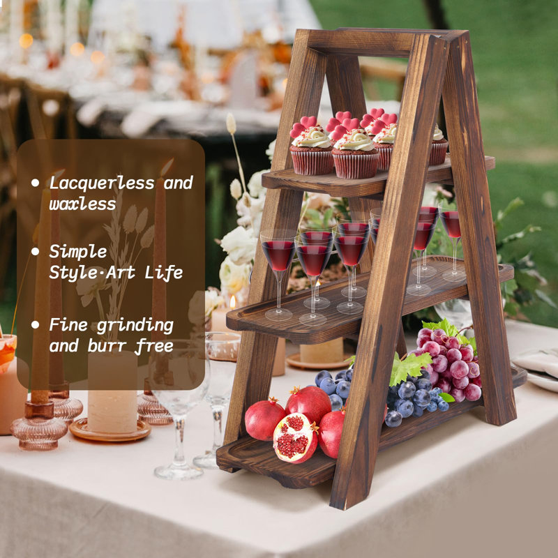 3 Tier Serving Tray Solid Wood Ladder Stand Wooden Double Dessert Table Display Rack