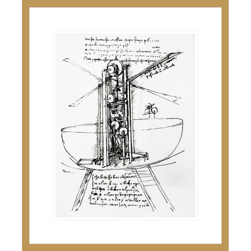 Dessin d'une machine volante entraînée manuellement par Leonardo Da Vinci, impression giclée encadrée