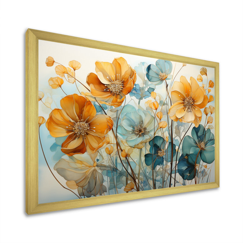 «Teal Orange Botanical Fragments I - Abstract Botanicals», art encadré, H 34 po x l 44 po x P 1,5 po, Cadre doré simple