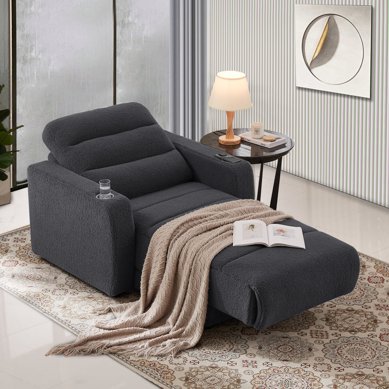 Upholstered Power Reclining Chaise Lounge with Cup Holder and Wireless Charging Function, Dark Gray 100% Polyester