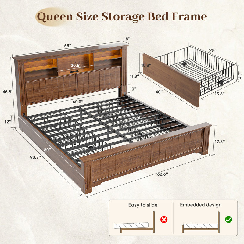Structure de lit de ferme avec tête de lit et éclairage à DEL et USB, 4 tiroirs sous le lit, station de charge intégrée, aucun bruit, aucun sommier nécessaire