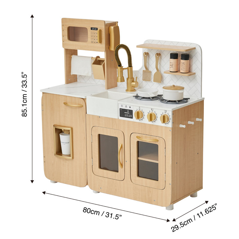 Teamson Kids Little Chef Cyprus Wooden Play Kitchen Set with 14 Accessories, Faux Marble Backsplash, and Gold Accents