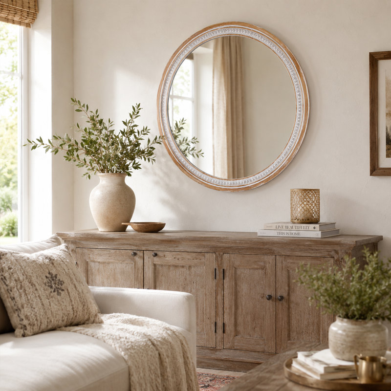 Miroir mural rond en bois massif CUFE Fi pour salle de bain et entrée
