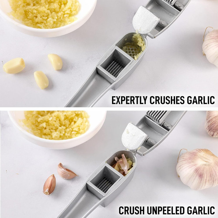 Garlic Press, 2 in 1 Garlic Mince and Garlic Slice with Garlic Cleaner  Brush and Silicone Tube Peeler Set. Easy Squeeze, Rust Proof, Dishwasher  Safe