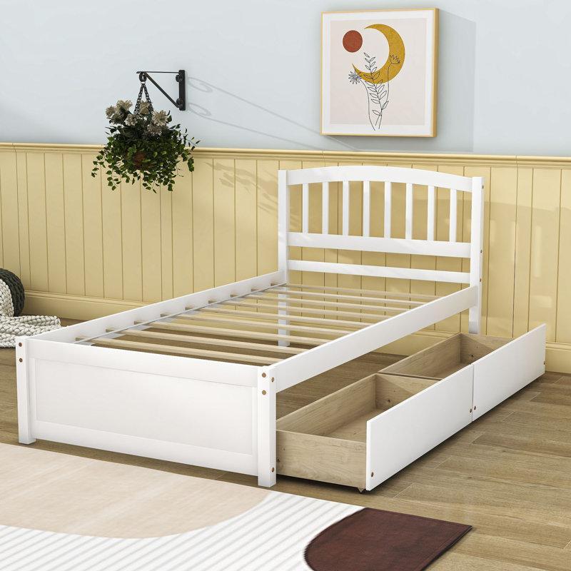 Dishad Twin Size 2 Drawers Wood Platform Bed with Headboard, White