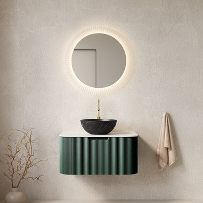 30" Floating Bathroom Vanity with Black Vessel Sink, Dark Green Fluted Plywood Cabinet with Sintered Stone Top, Soft Close Drawer