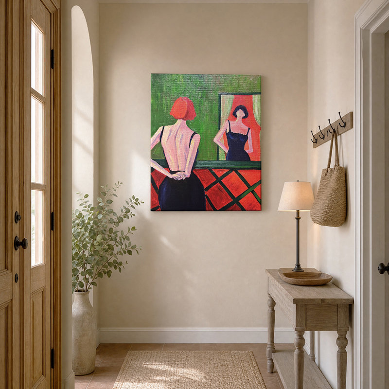 Tableau sur toile « Femme au miroir », H 10 po x l 8 po, Cadre en bois naturel
