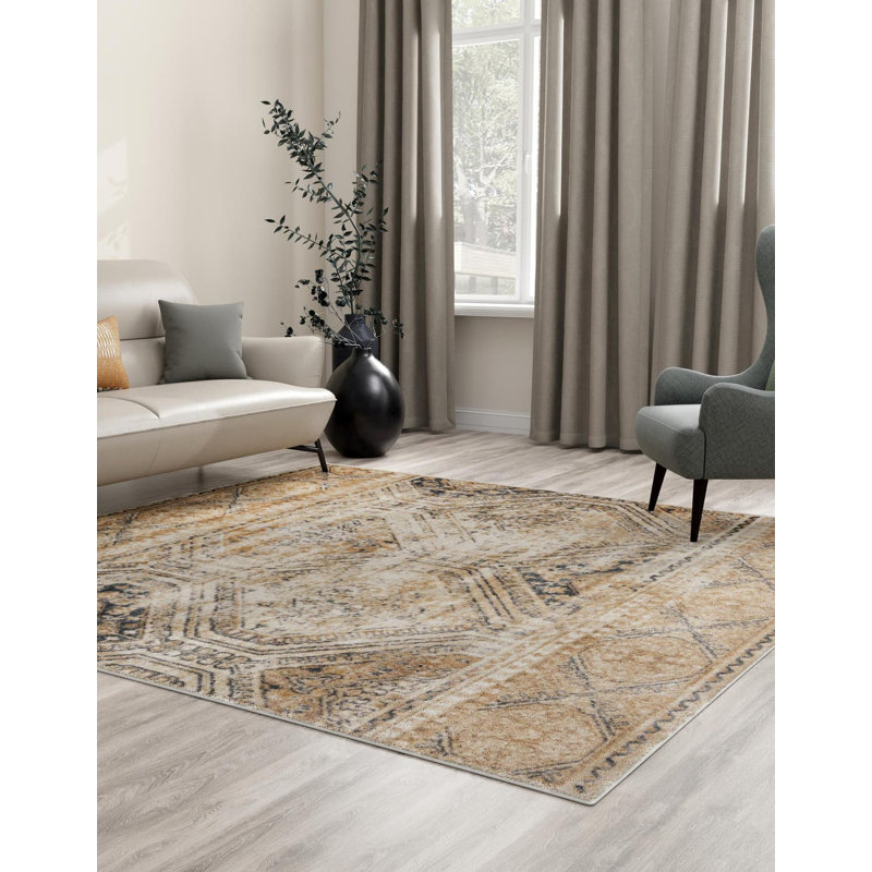 Tapis oriental bleu et beige Coran, Carré 7 pi 1 po