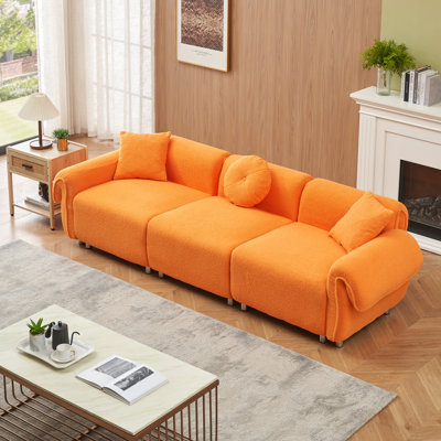 3 Orange Velvet For Living Room - 112 Inch, Soft And Stylish 3 Seat With & 3 Pillows Comfortable, Resilient, Versatile Option