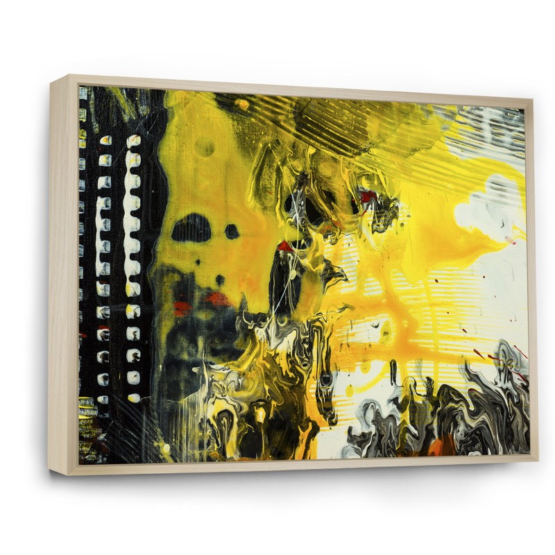 Jaune jaune, noir et blanc, art liquide X - peinture sur toile, H 16 po x l 32 po x P 1 po, Cadre flottant en érable