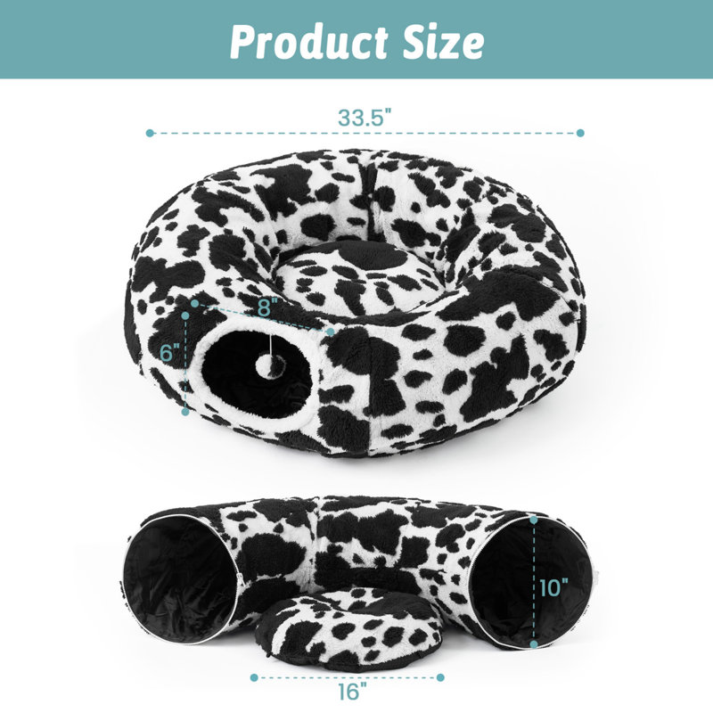 Lit rond pour chat avec tunnel lavable pour animal de compagnie pour chats, chatons, chiots et lapins, Noir, noir, noir, noir
