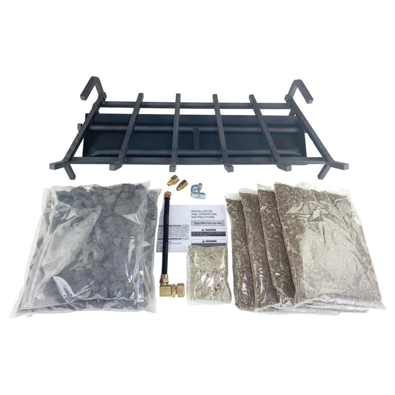 Dual Row Gas Burner Fireplace Kit with Pro Connection Kit, Silica Sand, Glowing Embers, Grate, Liquid Propane