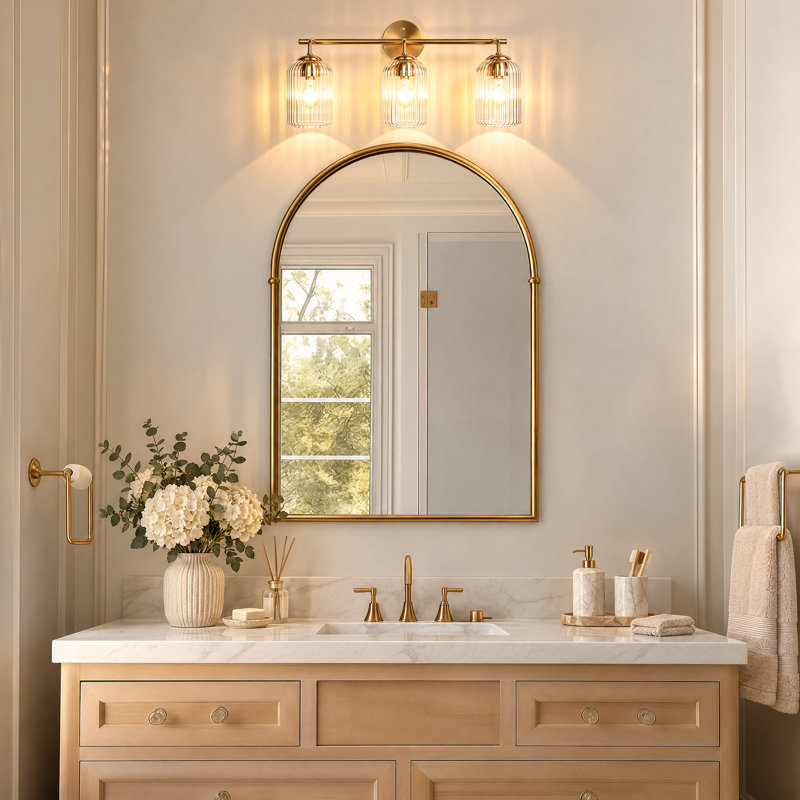 Éclairage pour salle de bain 3 lumières or avec verre transparent à rayures verticales