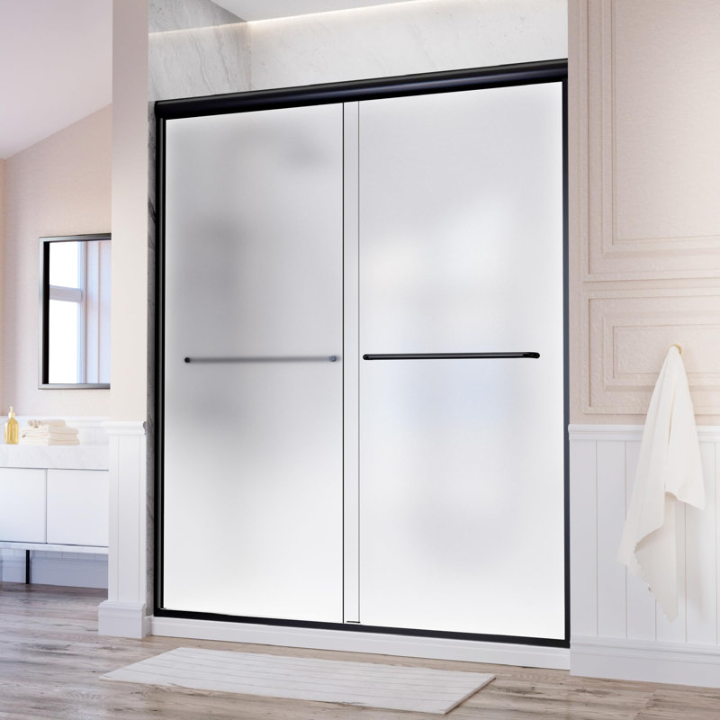 44" - 48'' W X 72'' H Double Sliding Door Semi-Frameless Shower Door With Two Black Towel Bars, Frosted