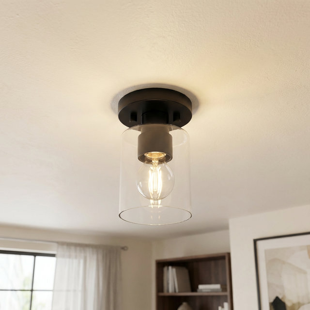1-Light Semi-Flush Mount Cylinder Glass Shade Light(Black), Matte Black
