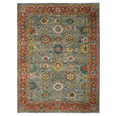 Tapis bleu en laine noué à la main 10 pi 2 po x 14 pi 1 po Oushak