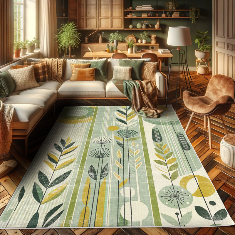 Mint Green and Mustard Floral Mid Century Modern Area Rug