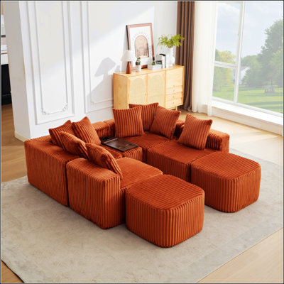 137.5 Inch U Shaped Sofa With USB & Wireless Charging, Coffee Table Board, Movable Footstool, No Assembly, 6 Seats, Corduroy, Orange