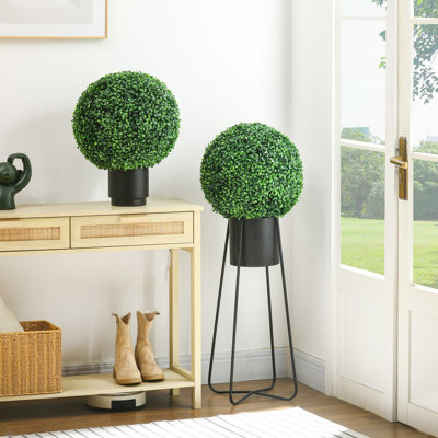 Set Of 2 Artificial Ball Boxwood Topiary Trees With Pot, Indoor Outdoor Fake Plants For Home Office & Living Room Decor